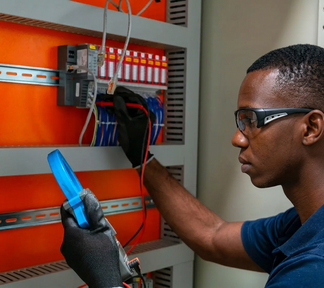 Electrician measuring current in an industrial control panel